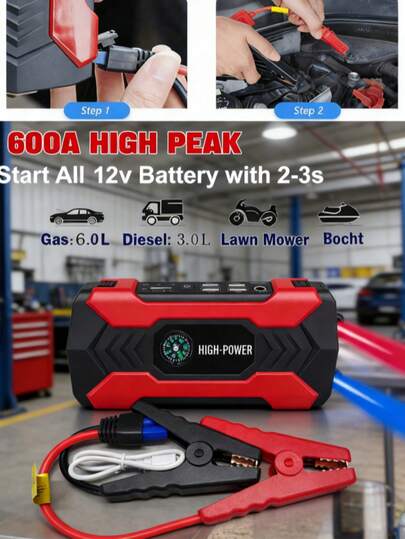 Car Jump Starter, Peak Car Battery Charger, Jump Box Jump Cables Battery Pack (Up To 2.64 Gallons Of Gasoline Or 2.25 Gallons Of ) With Portable Charger, Emergency LED Light, Escape Safety Hammer, Compass