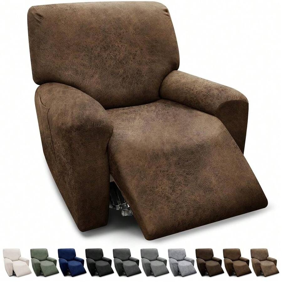 Chair Covers 4-Pieces Recliner Chair Covers 1 Seater Cover For Recliner Chair Leather Look Recliner Slipcovers With Pockets Spandex Fabric Furniture Covers(Recliner, Brown) - 棕色 - 查看 1