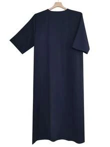Men's Eid Embroidered Robe Thobe Men's Solid Color Pullover Gandoura Thawb Men's Traditional Gandoura Thobe Robe With Pockets - Navy Blue - View 3