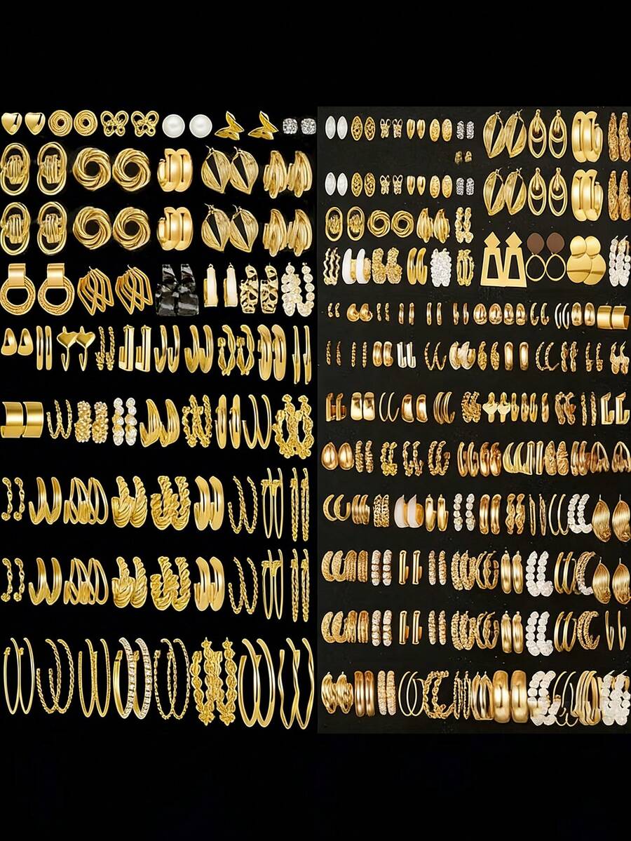 Juego de 72/36/24/12 piezas de pendientes de aro y pendientes de botón con diseños geométricos irregulares, mariposas, corazones y perlas falsas, de moda y sencillos, para mujeres, parejas, vacaciones de verano, citas, regalos, uso diario, casual, fiestas y bodas - Amarillo Oro - Ver 1