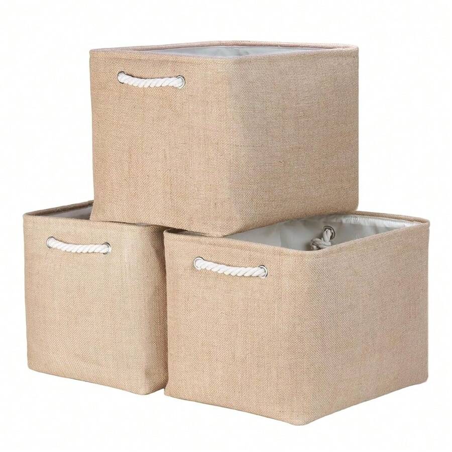 Fabric Storage Baskets For Shelves 3 Pack Large Storage Bins For Organizing Linen Collapsible Organizer For Closet-Flaxen - 亞麻 - 查看 1