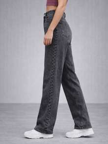 Women's Wide Leg Graphite Jeans, High Waist, Palazzo Style - 石墨 - 查看 2