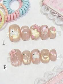 10 PCS 3D Cat Press On Nails Cartoon White Cat Soft Pink Gradient-Style Cat-Eye Fake Nails For Daily Wear - Multicolor - View 4