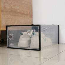 可堆叠塑料鞋盒：1/4/6/8 个装，黑色盖子，节省空间设计，适用于各种鞋码，是家居收纳的理想之选。现代耐用的塑料材质，适用于衣柜、玄关、宿舍和小空间。保持鞋子整洁防尘，易于堆叠和取用，可收纳运动鞋、平底鞋、高跟鞋、靴子和休闲鞋。 - 彩色 - 查看 11