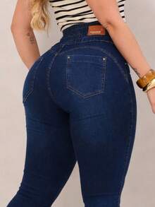 Women's Jeans With Elastic Waistband, High Waist With Lycra, Butt-Lifting Effect - Azul lavado oscuro - Ver 1