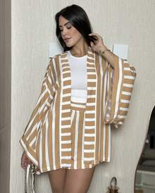 Women's Kimono And Shorts Set - Mocha Brown - View 3
