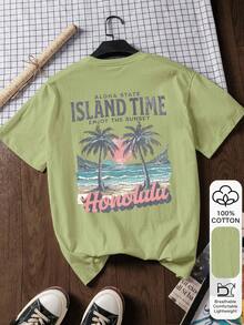 夏季女士休闲短袖上衣，100%纯棉材质，印有度假标语和棕榈树图案，面料柔软舒适，适合户外穿着，图案印花，夏季T恤，女士T恤，上衣，夏季衬衫，度假装扮，旅行风格，海滩风情，简约假日服饰 - 淺綠色 - 查看 3