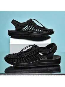 手工编织凉鞋，男女通用夏季沙滩鞋，男女户外罗马式两栖透气拖鞋，休闲驾驶，镂空设计，防水，徒步，防滑，旅行，涉水鞋 - 黑色 - 查看 2