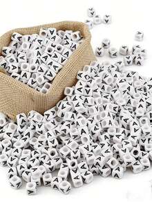 100/1000pcs/Pack White Background Black Letter Beads, 6mm Acrylic English Alphabet Square Letter Beads DIY Jewelry Making Accessories, Decorative Supplies | Overflowing Beads | Durable Bead Material For Jewelry Making - Black and White - View 6