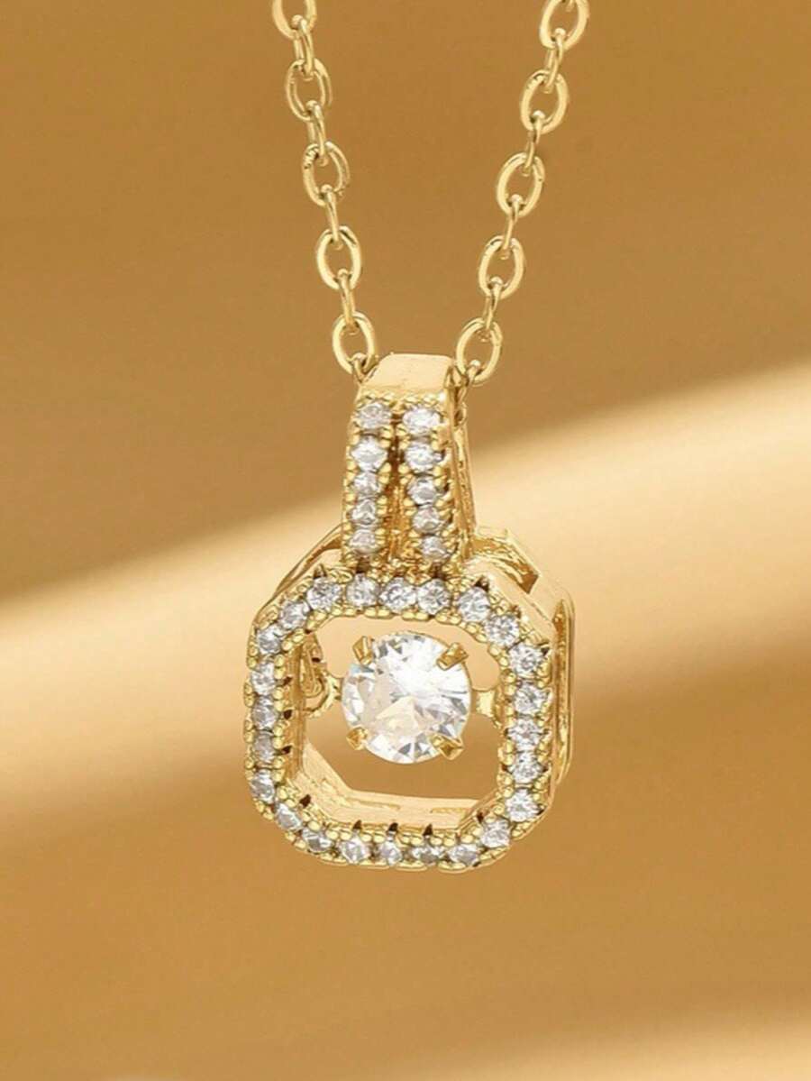 1件优雅方形吊坠项链，奢华时尚女士珠宝，适合约会、送礼和日常佩戴（OPP袋包装） - 金黃色 - 查看 1