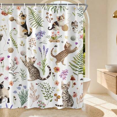 1pc Sweet Plant Cat Shower Curtain, Cute Plant Animal Printed Shower Curtain, Perfect For Bathroom Decoration, Universal Room Decoration, Home Decoration, Bathroom Accessories Bath Curtain, Shower Curtain