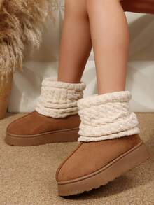 Warm Boots Shoes Snow Boots Ankle Boots Outdoor Short Knit Cuff Snow Boots Faux Furry Boot Upper Platform Sole Warm Lining Boots For Women - 棕色 - 查看 5