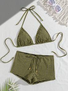 wohenmeili Bộ bikini buộc dây cổ kiểu Bohemian, bikini co giãn cao cấp, áo bơi tam giác buộc dây và quần lọt khe nhún bèo buộc dây bên hông dành cho nữ, đồ đi biển, đồ bơi nữ chất liệu kẻ caro đặc biệt cho kỳ nghỉ hè. - caro vàng đen - Xem 3