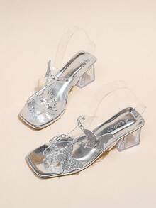Clear PVC Sandals Women Rhinestone Butterfly Decor Square Toe Block Heel Slingback Shoes For Party & Dating - Silver - View 5