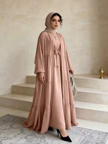Women's Solid Color Lantern Sleeve Dress And Robe Loose Casual Arab Set - Pink - View 1