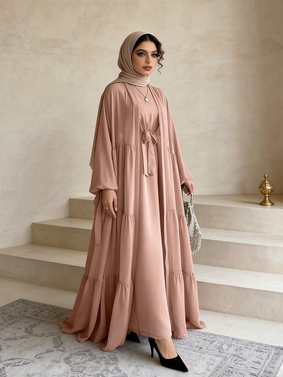 Women's Solid Color Lantern Sleeve Dress And Robe Loose Casual Arab Set - Pink - View 1
