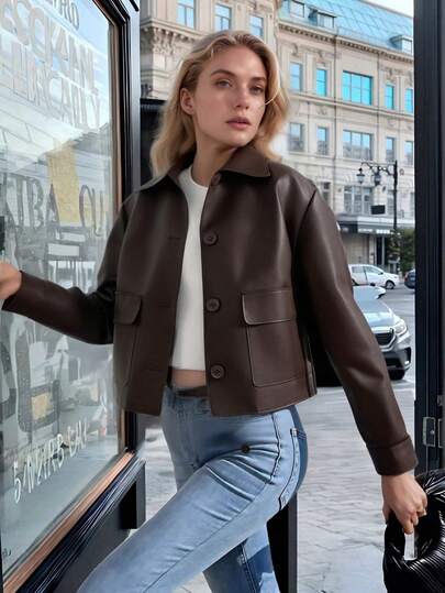 Women's Retro Short PU Leather Jacket - With Lapel, Button Front Pockets, Suitable For Autumn
