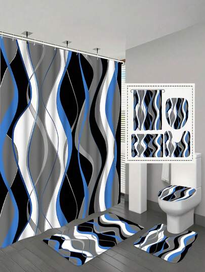 4pcs Set Blue Shower Curtain, Black Bathroom Set Includes Shower Curtain And Rug, Black Modern Striped Shower Curtain Set, White Bathroom Rug Set, Bathroom Decor, Toilet Seat Cover, Hooks