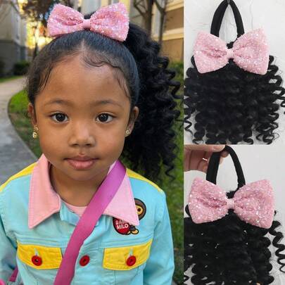 1 Pack African Children's Fluffy Bun Hairstyle + Colorful Shiny Bow, Suitable For Synthetic Short Hair Extensions, African Curly Natural Hair Ponytail, Suitable For Girls Daily Party (Natural Black, African 8 Inch)