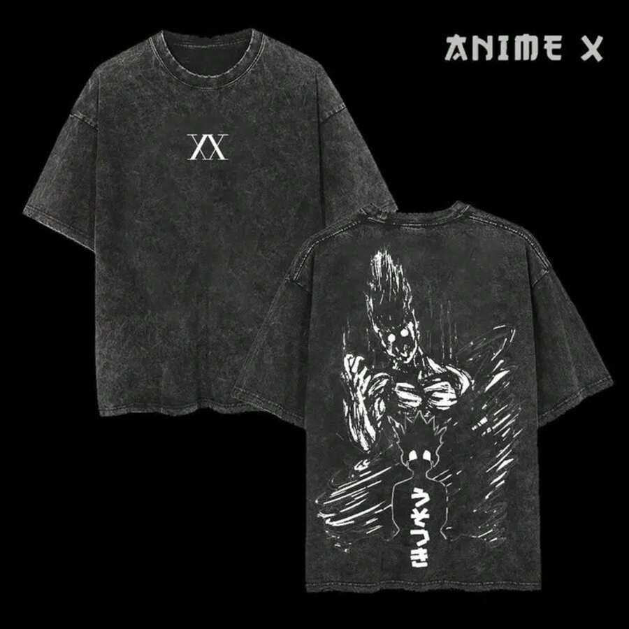 Super Value Hot  T-Shirt Retro Heavy Limited Gon  Anime Double Printed Vintage Washed Tee Unisex Oversize Anime Manga Washed Heavyweight Cotton T-Shirt, Gift For Anime Fans Suitable For Gifting To Fans SL0081 - 黑色 - 查看 1