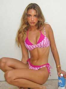 女士条纹印花粉色吊带泳衣套装，撞色侧系带可调节三角泳裤，适合情人节、海滩度假等夏季穿着。 - 粉色 - 查看 4