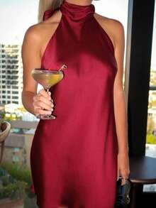Women Halter Neck Large Bow Back Satin Bodycon Mini Dress Slim Fitted Mock Neck Solid Color Sleeveless Backless A-Line Short Dresses Evening Party Dress Clubwear Night Out CLothes Beachwear Dress - 酒紅色 - 查看 7