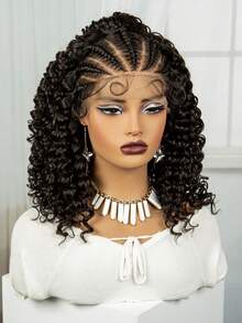 优雅杰瑞卷辫子波波头假发，女士款 - 13x6蕾丝前额，轻盈合成纤维，手工盒式辫子，带婴儿发 - 黑色 - 查看 6