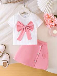 Conjunto de blusa con lazo delantero y falda con detalle de botones y solapa para niña - Beis - Ver 2