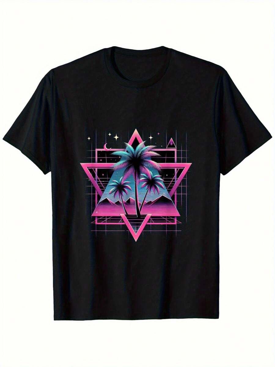 Retro 80 S And 90 S Steam Wave Pattern T-Shirt-Neon Palm Tree And Triangle Art Cyberpunk Design, Black With Pink And Blue Embellishment-Unisex Regular Version Of Retro T-Shirt, Hea - 黑色 - 查看 1