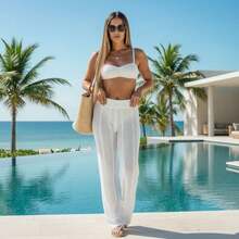 Women's Beach Cover-Up Pants With Cutouts, Summer Fashion, Ideal For Layering Over A Bikini, Swimsuit, Beach, Pool, Risorte - White - View 4