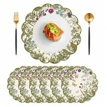 1 pieza/Set Mantel individual redondo de lino con estampado floral y de mariposas en verde, de 38cm, decoración de mesa de cocina y comedor de temporada, decoración del hogar de primavera, boda - Multicolor - Ver 6