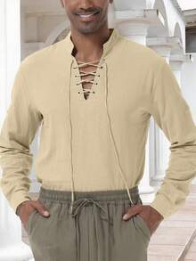Medieval Inspired Drawstring Long Sleeve Shirt For Men, Viking Costume - Khaki - View 4