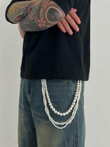 复古风3D圆形几何仿珍珠串珠多层裤链，哥特朋克高端质感，休闲简约，完美适用于街拍、摇滚嘻哈、派对、日常佩戴、情侣装，也是时尚男士项链的理想礼物。 - 褲鏈 - 查看 4