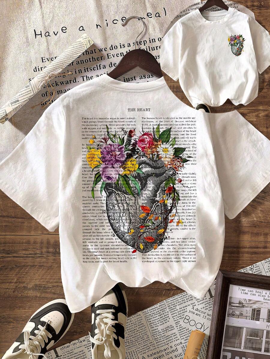 Áo thun nữ cỡ lớn cổ tròn tay ngắn kiểu dáng thường ngày với họa tiết trái tim hồi sinh, màu trắng cho kỳ nghỉ hè đi biển. - trắng - Xem 1