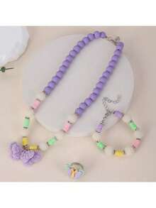 Pastel Beaded Butterfly Jewelry Set – Necklace, Bracelet & Ring Of 3pcs/Set For Girls Drees Up Suit - one-size - View 4