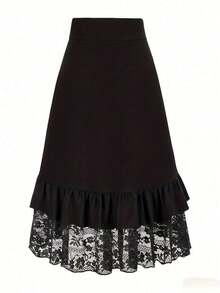 Gothic Style Lace Patchwork Ruffle Hem Solid Color Pirate Skirt - màu đen - Xem 3