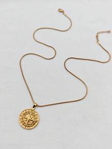 1pc 18K Gold Plated Stainless Steel Viking Compass Pendant Necklace, Metal Coin Badge Stylish Versatile Cross Chain For Men - Yellow Gold - View 6