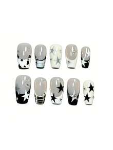 10片纯手工制作的按压式美甲贴片，短款椭圆形和棺材形美甲，黑色美甲，个性化甜美酷炫风格，黑白法式尖头，灰色渐变，手绘星爆和条纹图案，撞色设计，点缀细闪和小水钻，简约独特，适合女性和女孩，春夏秋冬节日派对和日常生活使用。 - 彩色 - 查看 14