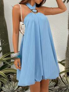 abyoxi Women's Light Blue Textured Ruched, Halter Neck, Metal Ring Detail, Bubble Hem Short Dress, Casual And Sweet, Beach Vacation, Everyday Going Out, Date, Spring Summer Mini Dresses - Light Blue - View 6