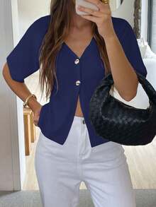 Women's Minimalist Elegant Commuter Short Sleeve Cardigan Sweater, Spring/Summer - Sapphire - View 3