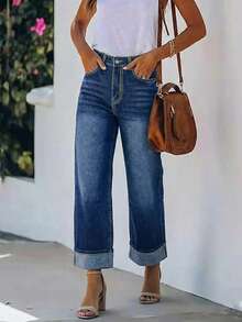 时尚女士阔腿牛仔裤，水洗做旧处理，带口袋，直筒版型，无弹力，穿着舒适。休闲百搭。 - 藍色 - 查看 3