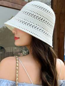 1顶夏季时尚镂空针织渔夫帽，女士户外小宽檐针织帽，休闲百搭遮阳帽 - A - 查看 6