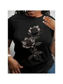 Delicate Rose Print Round Neckline Stylish Casual Short-Sleeve Summer T-Shirt for Women with a Fitted Design - nero - Visualizzare 1