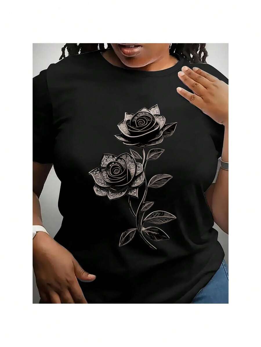 Delicate Rose Print Round Neckline Stylish Casual Short-Sleeve Summer T-Shirt for Women with a Fitted Design - nero - Visualizzare 1