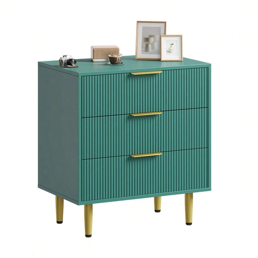 Kommode mit 3 Schubladen für Schlafzimmer, 27,9" breite Holzkommode, kannelierte Kommode mit goldenem Metallgriff, Holzschrank zur Aufbewahrung von Kleidung für Wohnzimmer und Flur - Grün - Übersicht 1