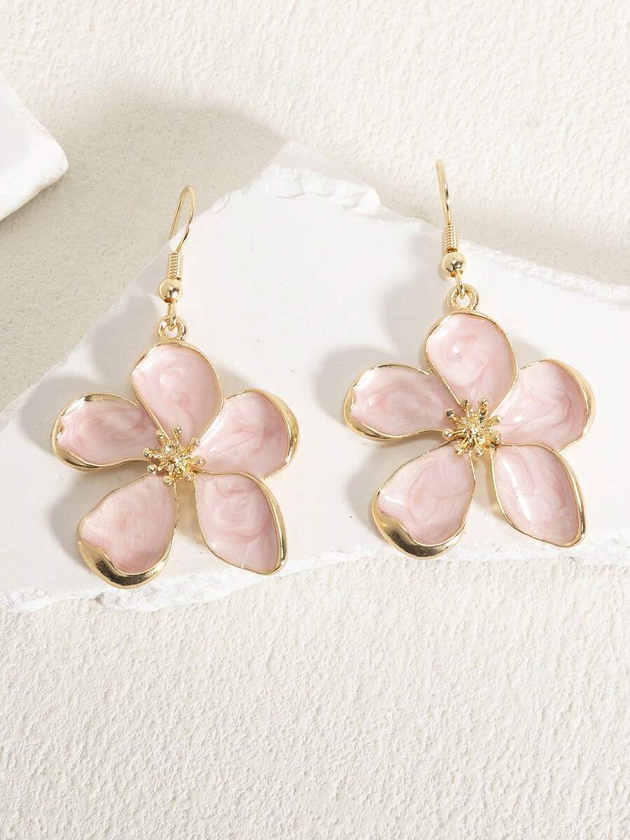 一对时尚、优雅、奢华、甜美、简约、百搭的珐琅四瓣、五叶、六叶雏菊耳环，颜色有粉色、白色、洋红色、橙色、紫色、红色、绿色可选，适合春夏日常及节日佩戴。 - 五瓣花粉紅色 - 查看 1