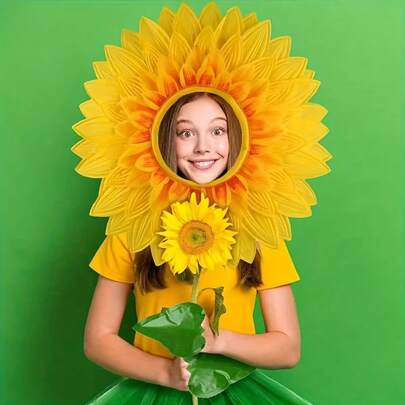 Conjunto de 3 piezas con temática de girasol - Conjunto de disfraz de girasol para mujer que incluye un tocado con girasol y guantes verdes, adecuado para props de fotos de fiestas, juegos de roles, carnavales y props de actuación divertidos.