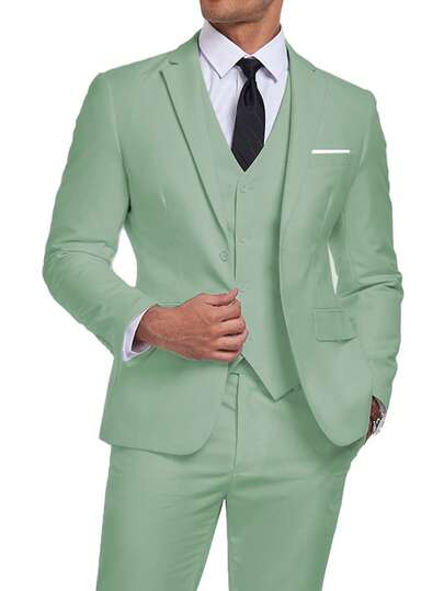 Freyar Men's 3-Piece Suit Set, Gentleman Minimalist Slim Fit Single-Breasted Business Suit Jacket, Vest And Pants, Suitable For Wedding, Party, Light Green Color, Size XS-XXXL