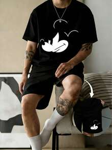 Disney 2pcs Mickey Mouse Print Men's Casual Loungewear Set, Round Neck Top And Shorts, Suitable For Spring/Summer - Black - View 2