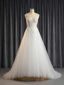 YOUKEFEIER Sleeveless Sweetheart Neckline Wedding Dress, Made Of Elegant Long Tulle Fabric, Adorned With Beaded Appliques. - Beige - View 7